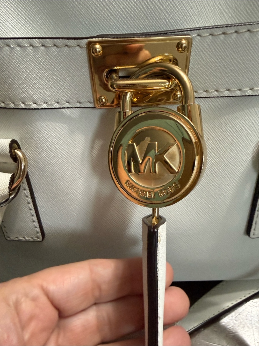 Michael Kors White Leather Satchel with Gold MK Charm